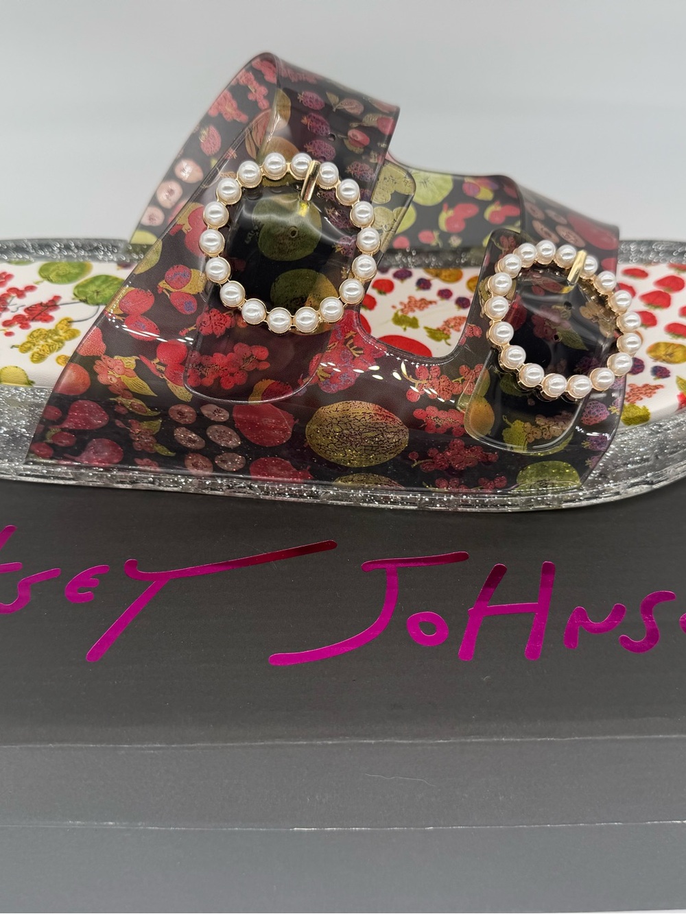 Betsey Johnson Landin Fruit Print Pearl Buckle Jelly Sandals Size 10